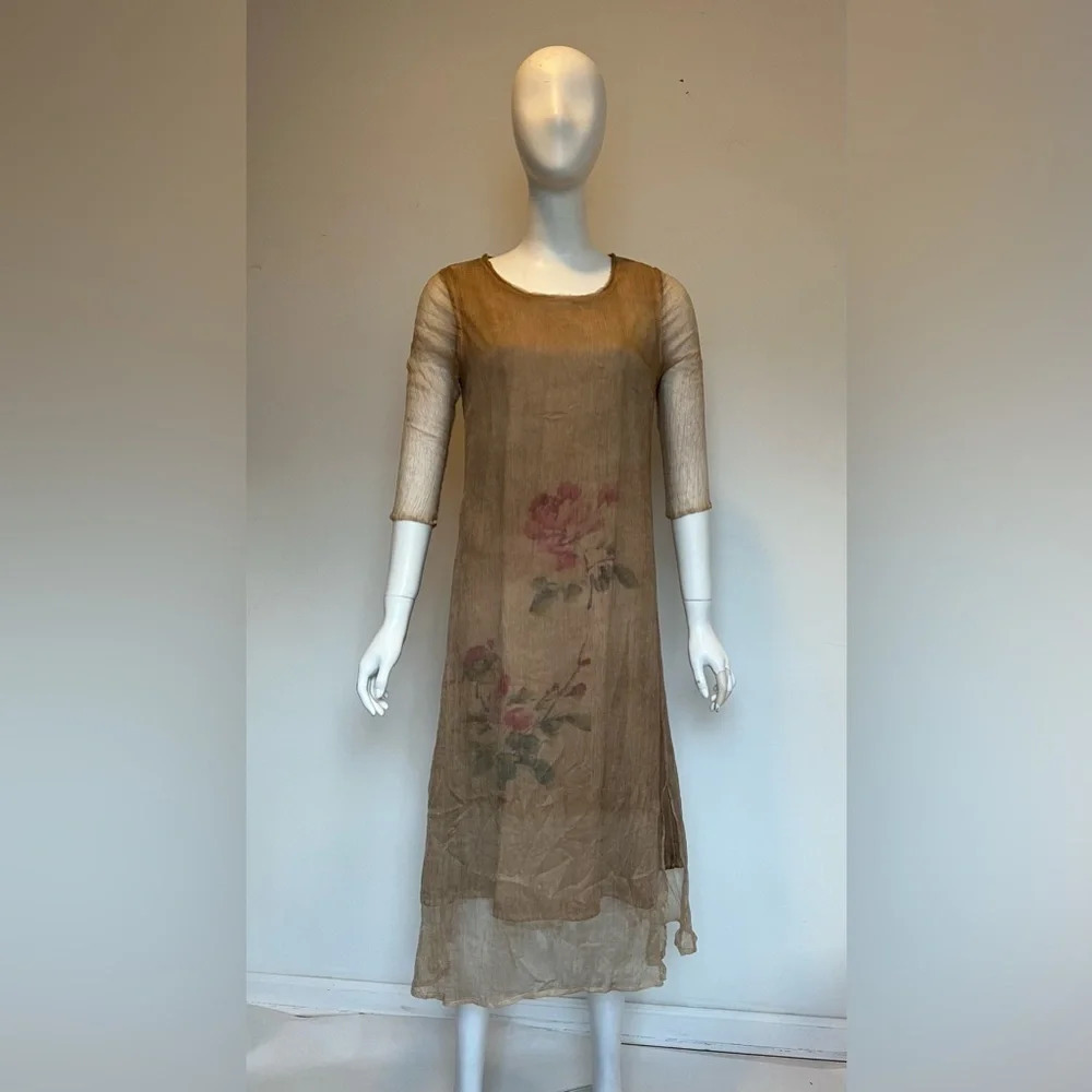 100% Silk Women's Beige Nude Sheer Crinkle Floral Print Midi Dress Size L NWT - Picture 2 of 12